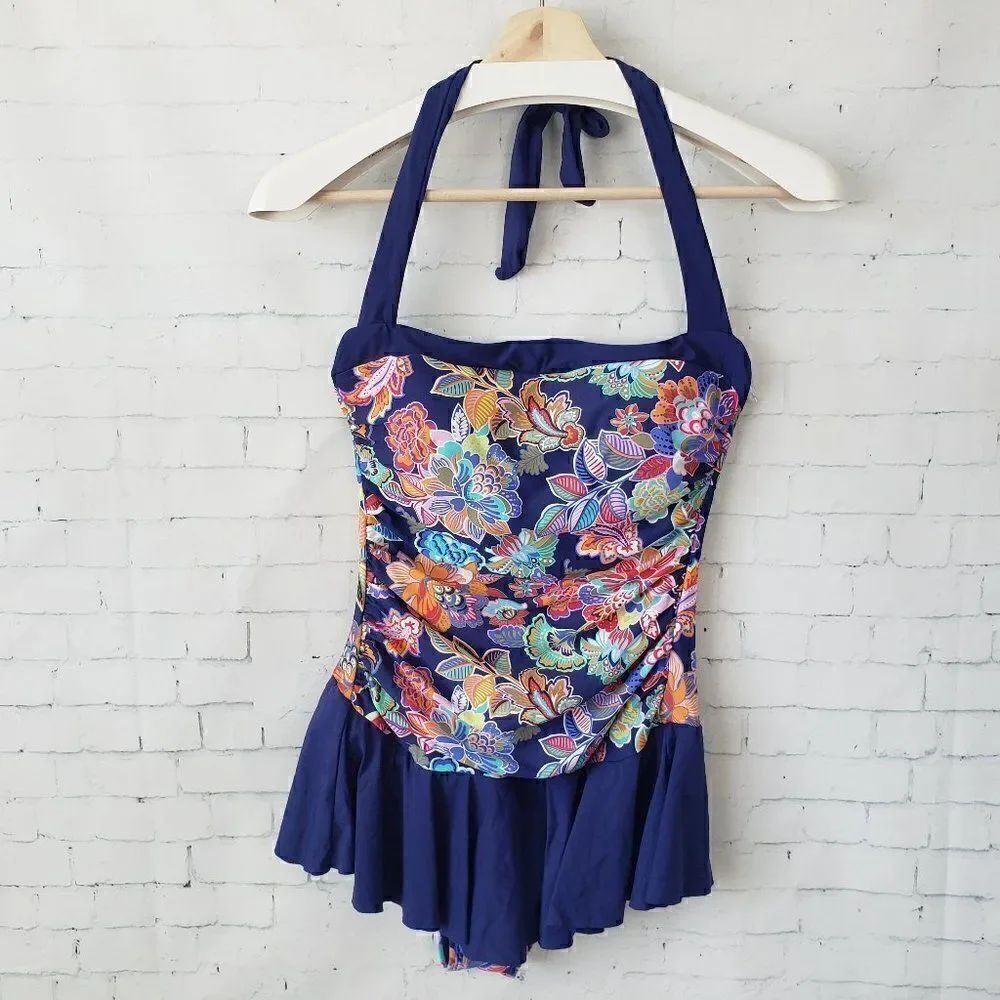 Tahiti Swimsuit Size M Retro Halter Peplum Ruffle Navy Blue Floral NWOT Modest